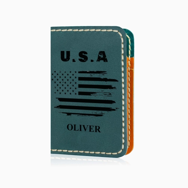 America Flag Wallet - Green Leather Bifold